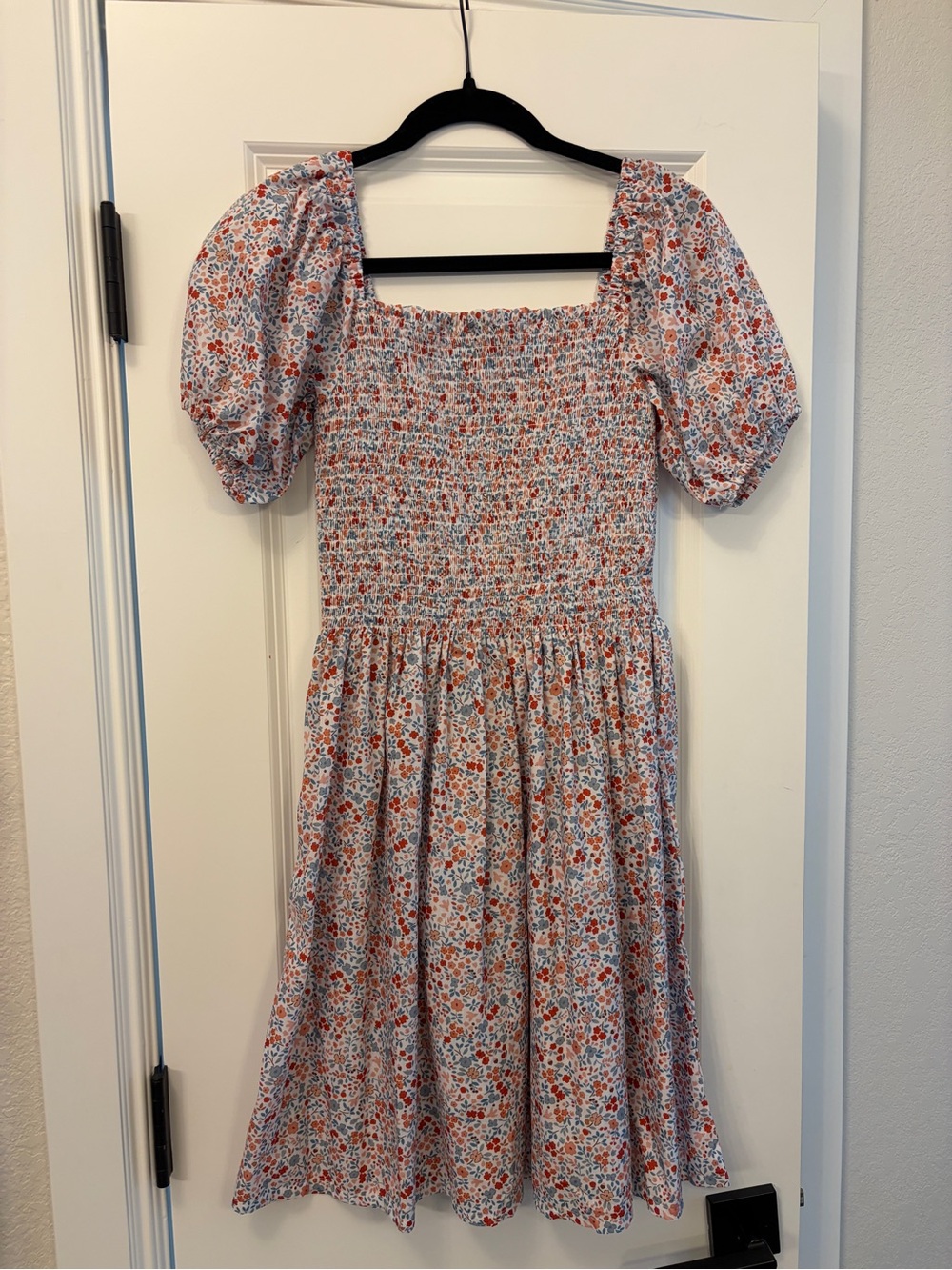 Smocked Puff-Sleeve Midi Dress in White with Red & Blue Floral
